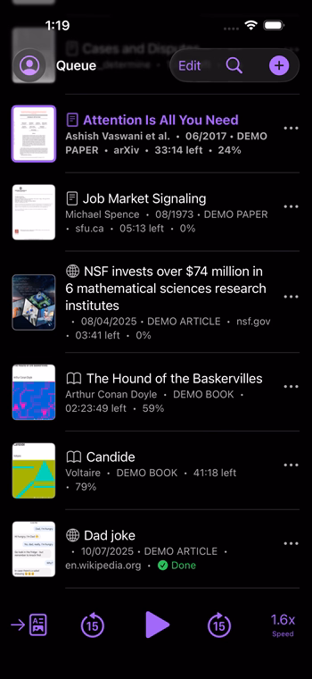 Papers list view (dark)